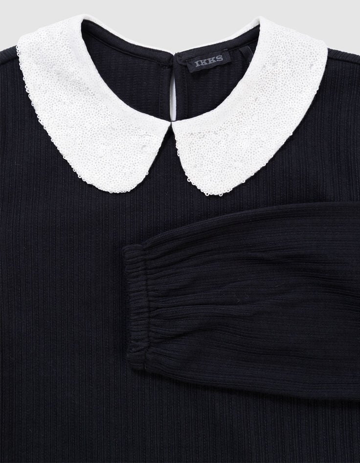 T-shirt manches longues noir col écru brodé sequins fille-4