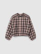 Girls’ pink and khaki check cropped blouse-1
