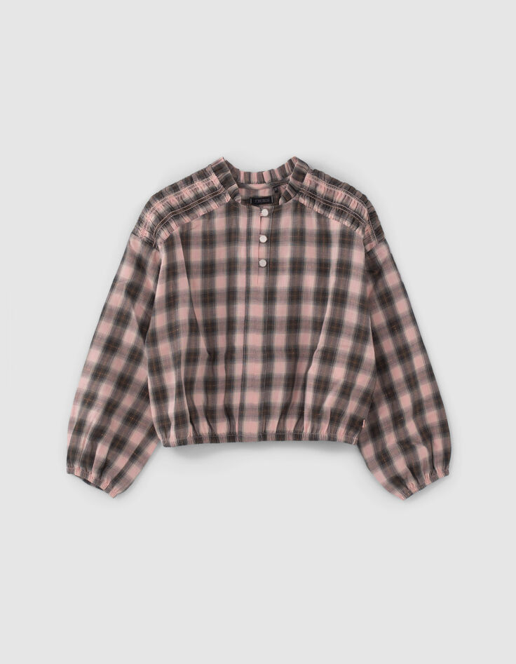 Girls’ pink and khaki check cropped blouse-1