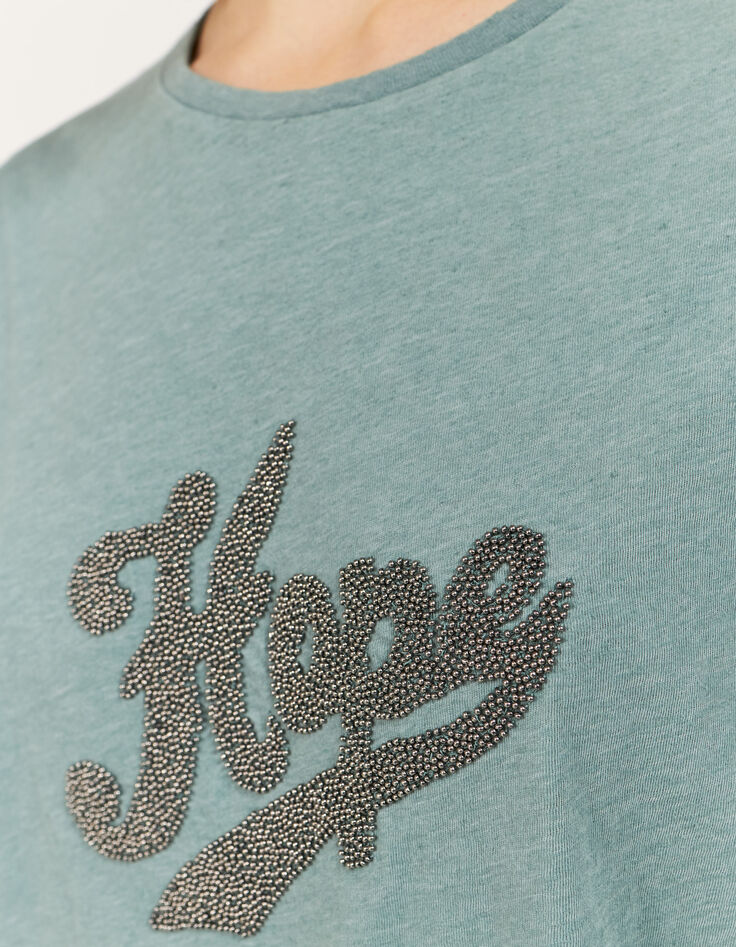Mandelgrünes Damen-T-Shirt mit Perlenbesatz-4