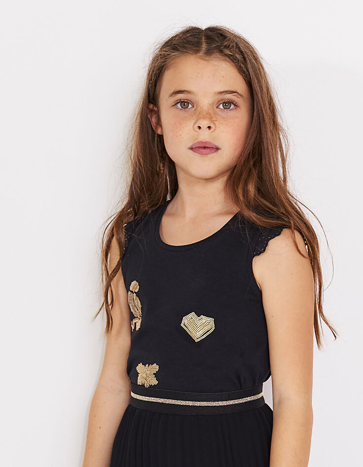 Girls’ black vest top, camel sequins-1