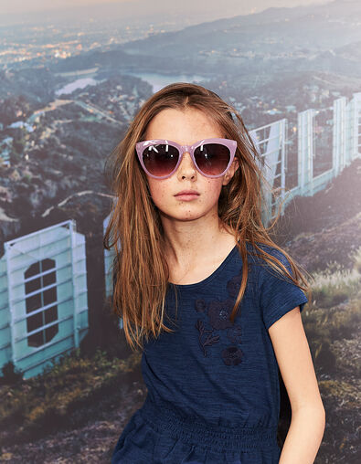 Tee-shirt indigo brodé fleurs à smocks fille - IKKS