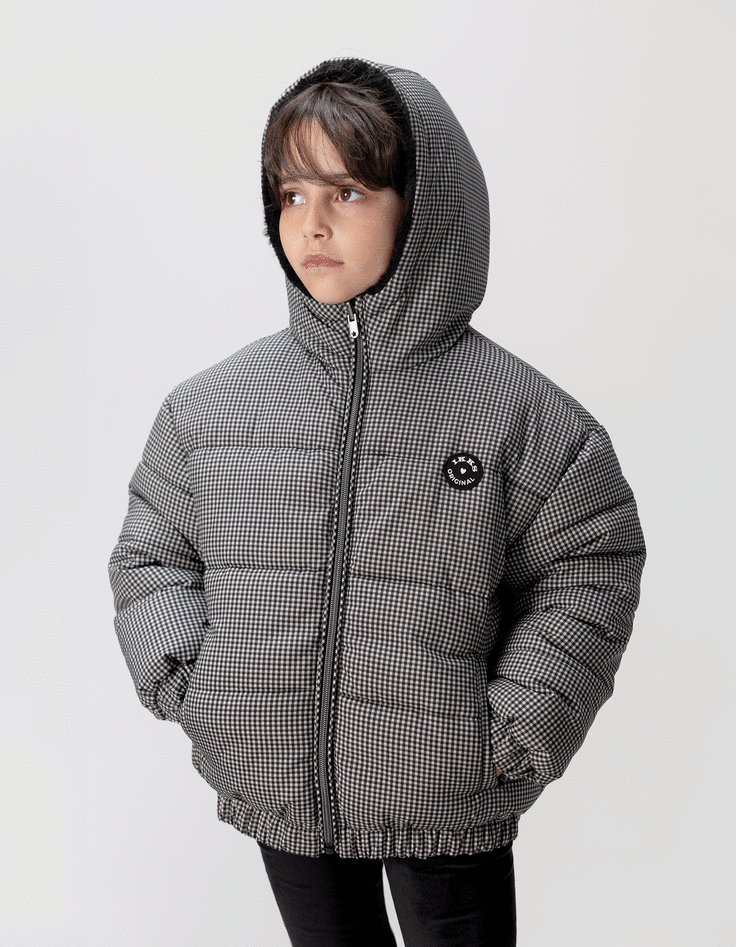 Plumas reversible negro pata de gallo y sherpa niña-1