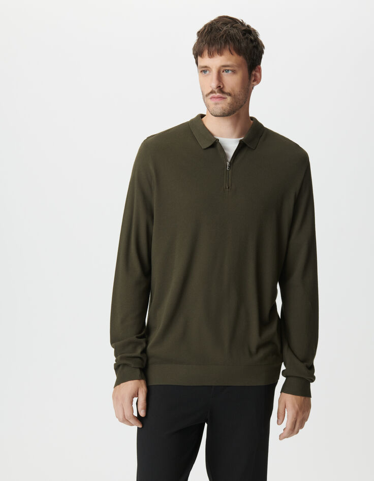Khaki Herrenpoloshirt lange &Auml;rmel Piqu&eacute;-Strick-1