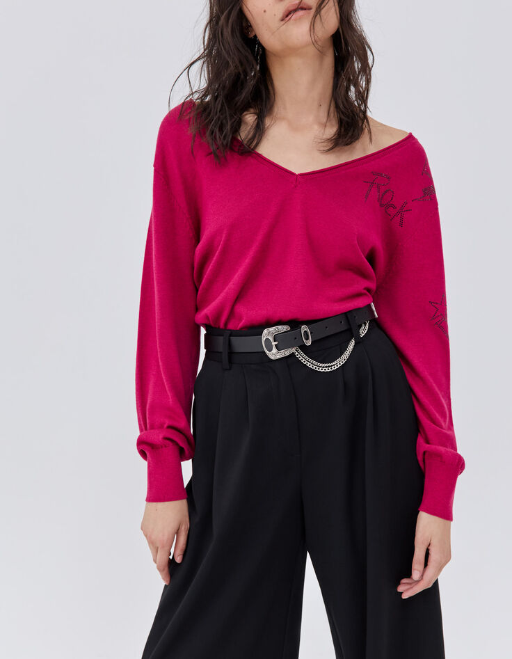 Pull rose en tricot à décor rock strass Femme-2