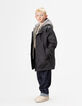 Boys’ black trench coat with check hood facing-1