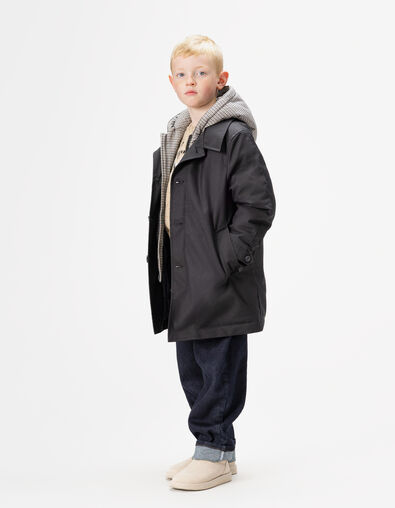 Boys’ black trench coat with check hood facing - IKKS