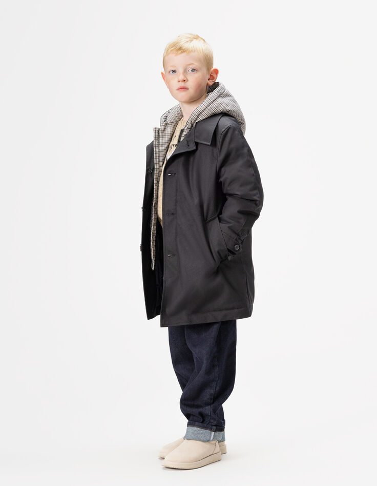 Boys’ black trench coat with check hood facing-1