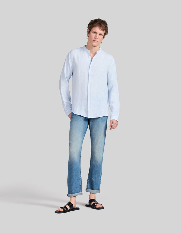 Blaues REGULAR-Herrenhemd aus 100 % Leinen mit Maokragen - IKKS
