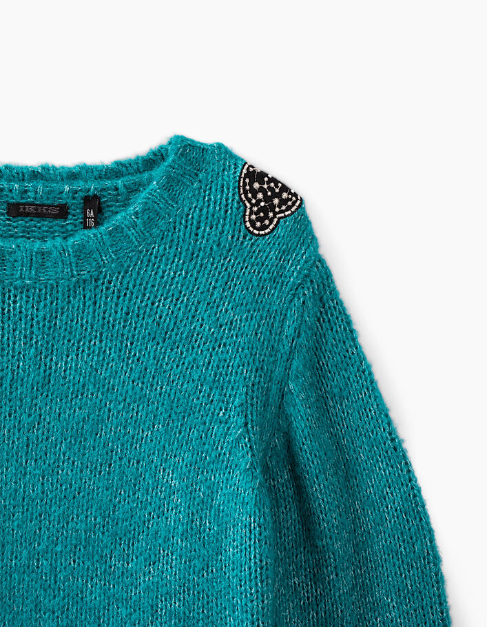 Blauwgroene gebreide trui met geborduurde patches meisjes  - IKKS