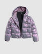 Kort lila iriserend donsjack met meisjesbies-5
