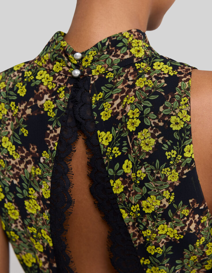 Robe longue noire recycl&eacute;e imprim&eacute; l&eacute;o floral Femme-4