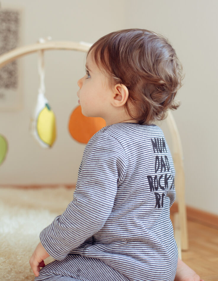 Combinaison gris chiné rayé print dos coton bio bébé-1