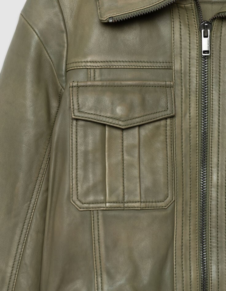 Khaki kurze verwaschene Damenlederjacke-3