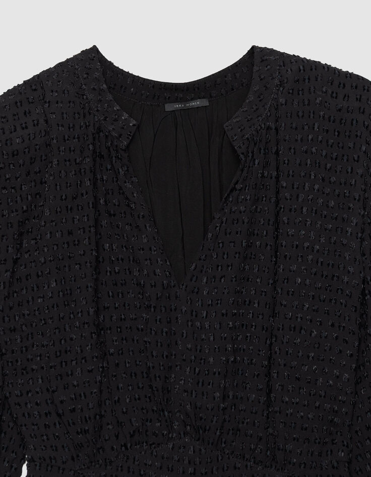 Vestido negro con cuello en V y mangas largas para mujer-7