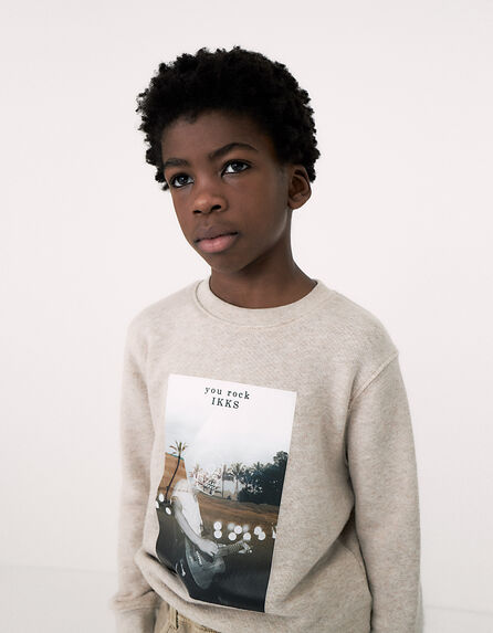 Beige meliertes Jungen-Sweatshirt mit Rocker-Fotoprint 