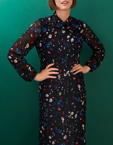Vestido camisero largo negro estampado flores I.Code 