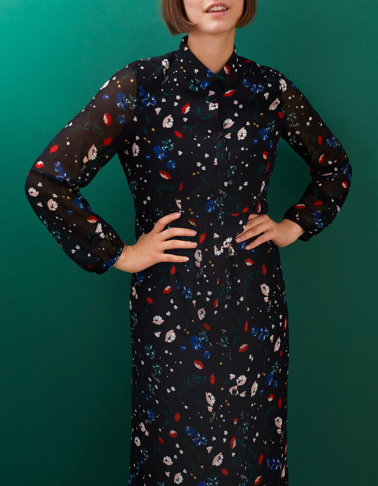 Vestido camisero largo negro estampado flores I.Code -1