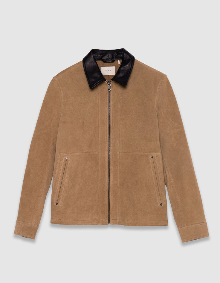 Beiger Velourslederjacke schwarzer Kragen-9