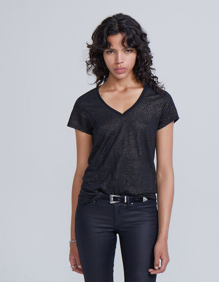 Camiseta cuello de pico negra de lino foil mujer