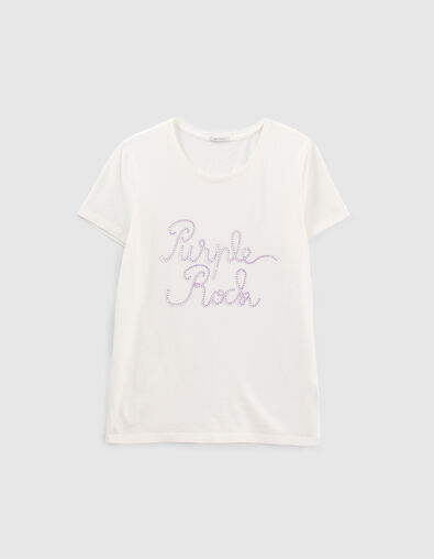 Tee-shirt blanc message et détails clous lilas Femme - IKKS
