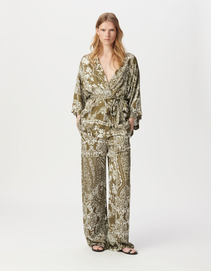Pantalon large kaki imprimé foulard Femme-1