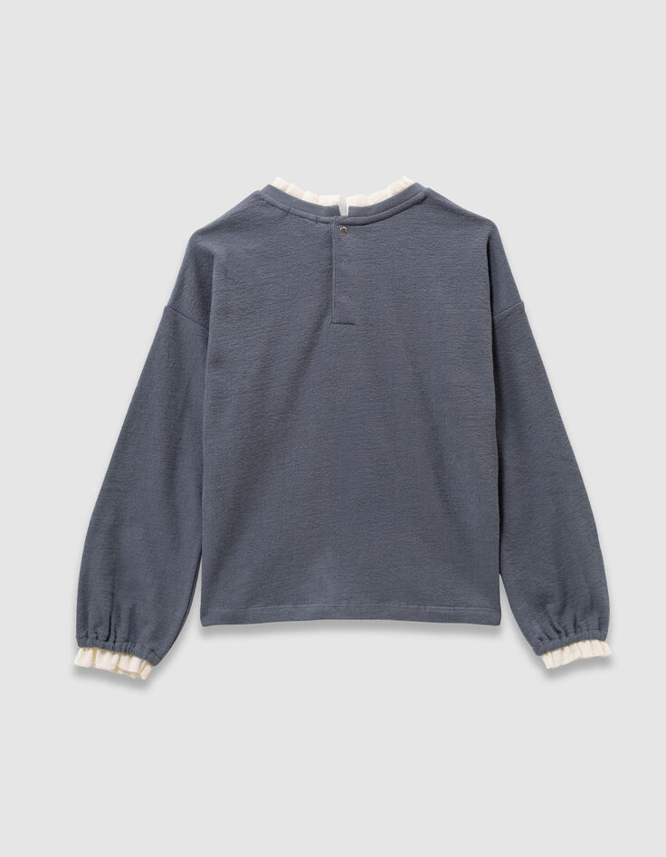Girls’ blue embroidered long-sleeved T-shirt, ruff collar-3