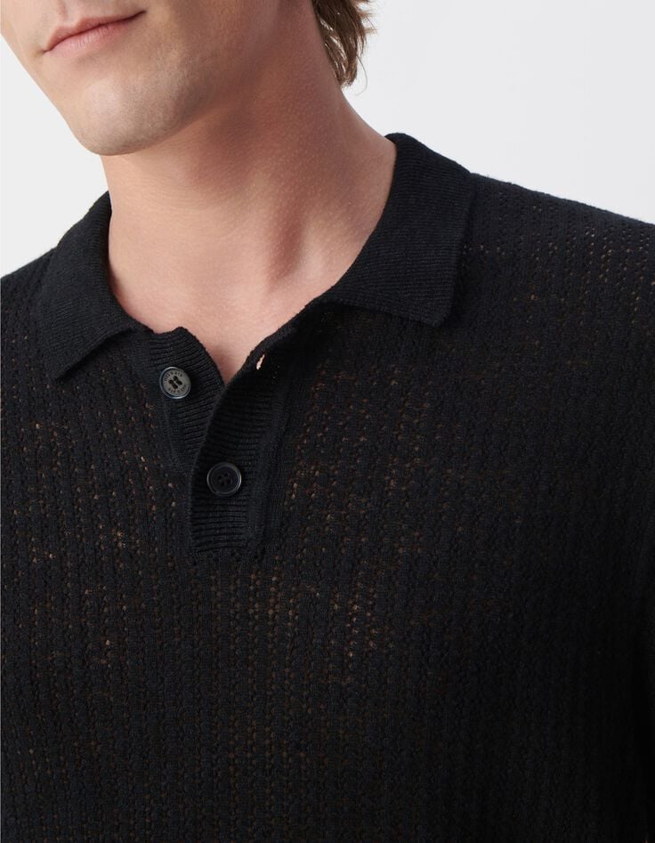 Men&rsquo;s black decorative openwork knit polo shirt-4