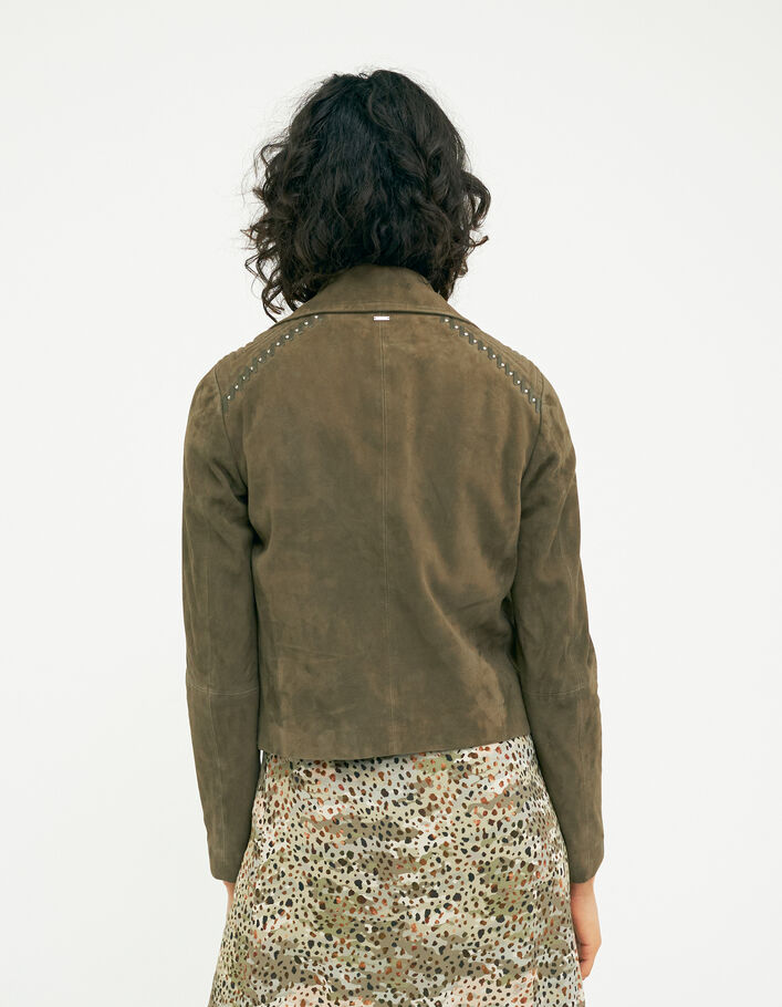 Women’s khaki suede jacket with lacing and studs - IKKS