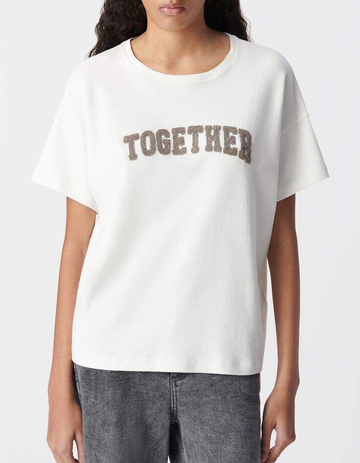 White T-shirt with bead embroidered slogan-2