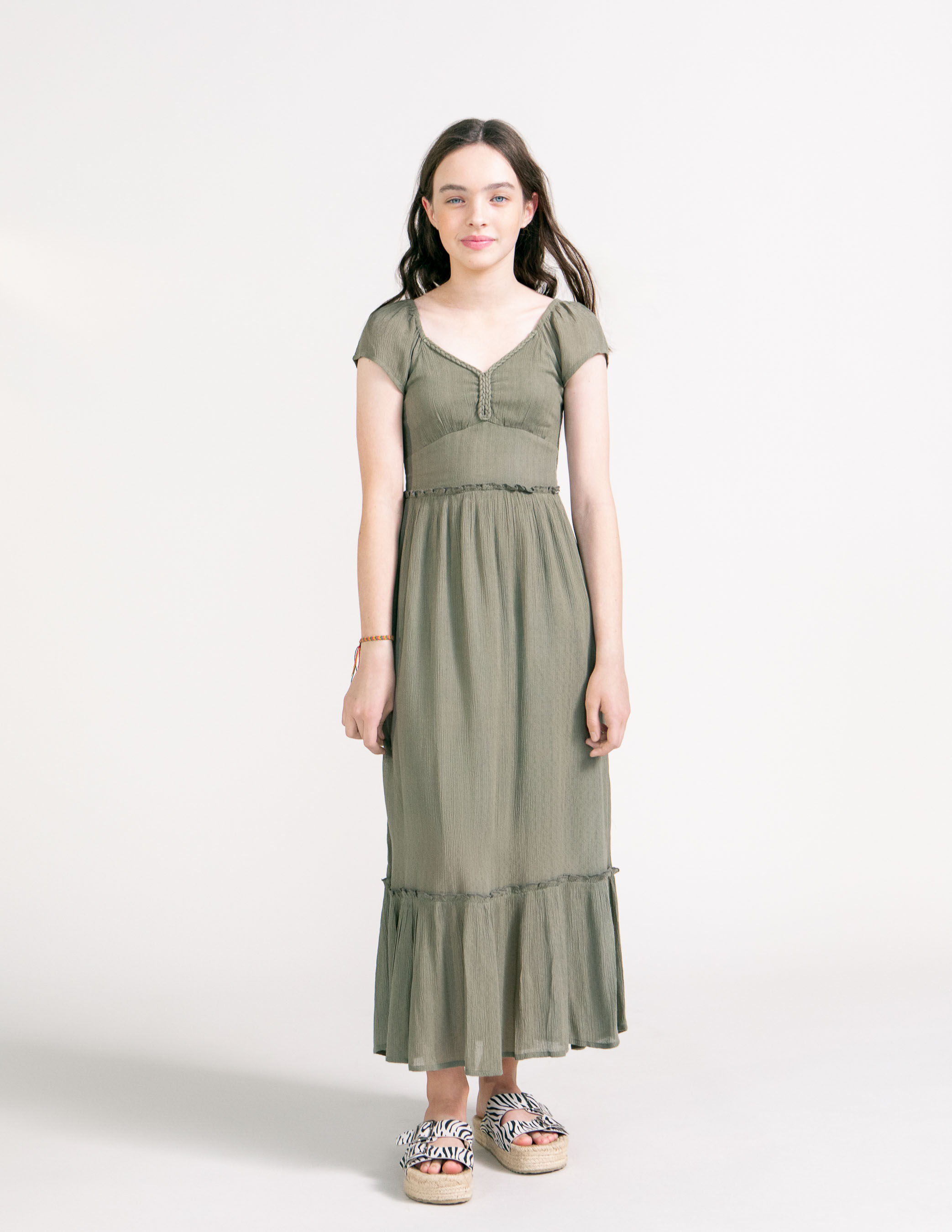 Girls khaki crepe long dress with woven decor IKKS