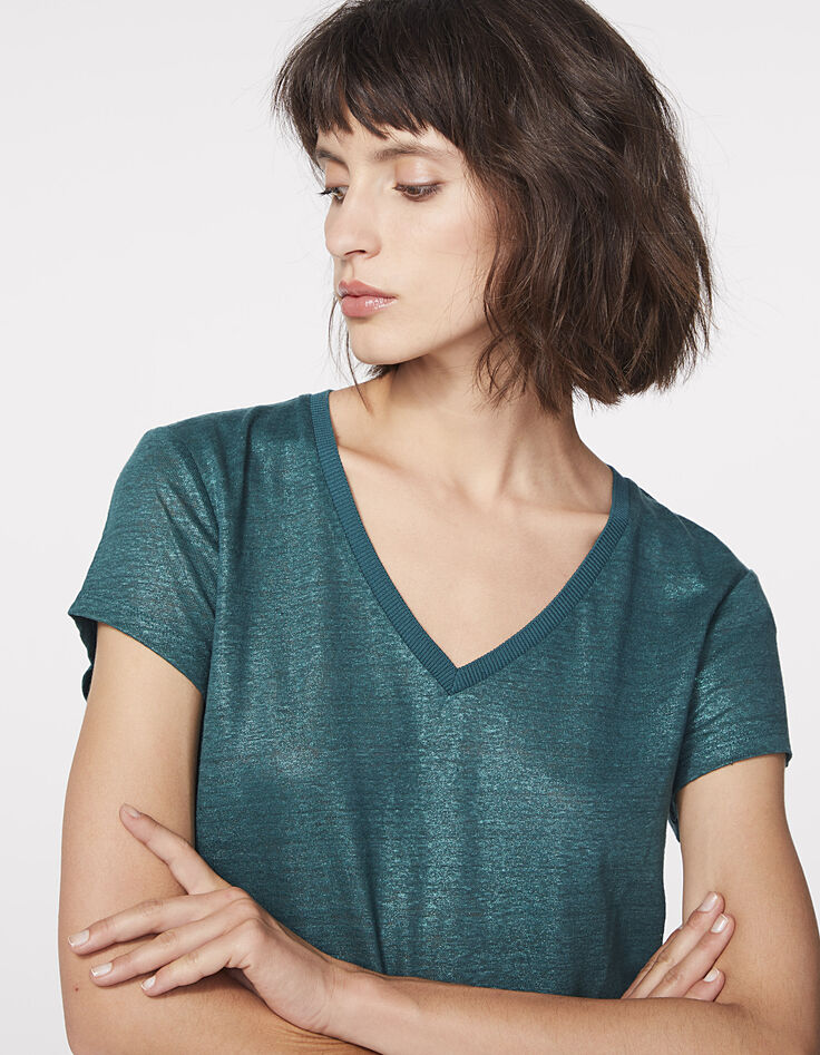 Camiseta cuello de pico azul de lino foil mujer-4