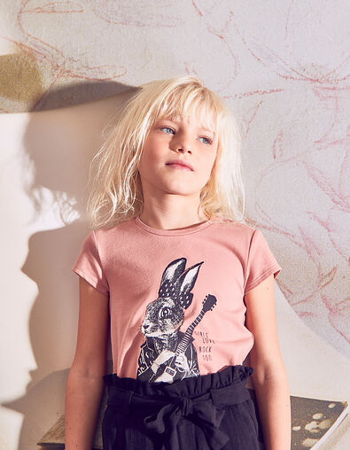 Mädchen-Bio-T-Shirt, Glitter-Kaninchenmotiv in Dusty Rose - IKKS