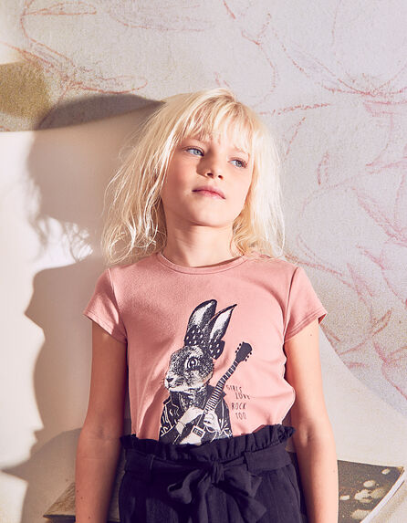 Dusty rose T-shirt bio opdruk glitterkonijn meisjes