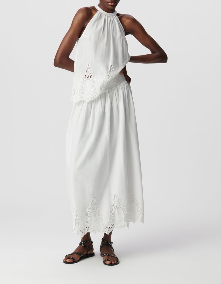 Langer wei&szlig;er Rock f&uuml;r Damen mit Spitzenstickerei-5