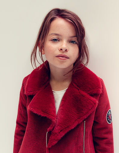 Girls’ dark red corduroy fur collar coat - IKKS