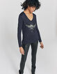 Marineblaues Damen-T-Shirt mit Totenkopf und Perlen-2