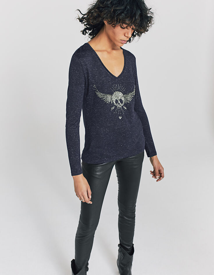 Marineblaues Damen-T-Shirt mit Totenkopf und Perlen-2