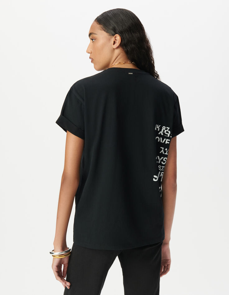 Black crew neck T-shirt with slogan image-3
