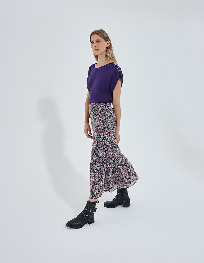 Langer Rock mit buntem Blumenprint und Volant-6