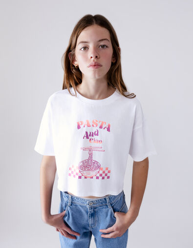 T-shirt blanc coton bio visuel bol de pâtes fille - IKKS