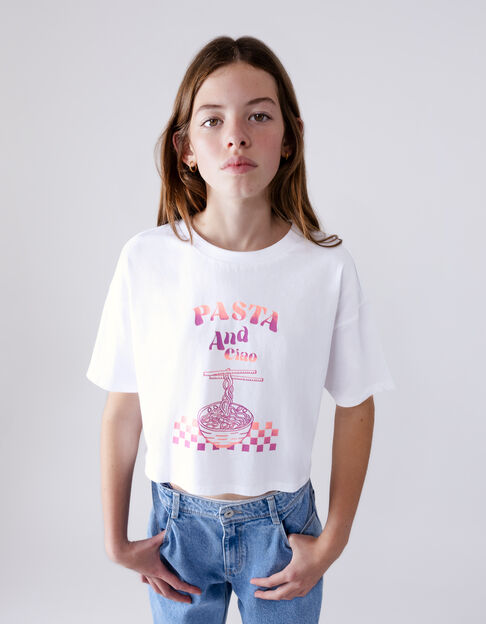 T-shirt blanc coton bio visuel bol de pâtes fille - IKKS