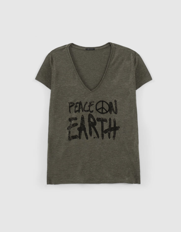 Khaki Damen-T-Shirt, loose, Pailletten-Message, Stickmotiv-6