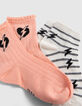 Pfirsichrote und cremeweiße Mädchensocken mit Streifen-3