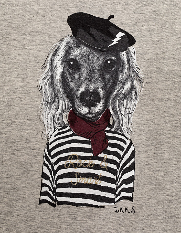 Tee-shirt gris chiné moyen visuel chien en marinière fille - IKKS
