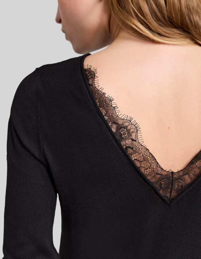Women’s black lace touch knit V-neck sweater - IKKS