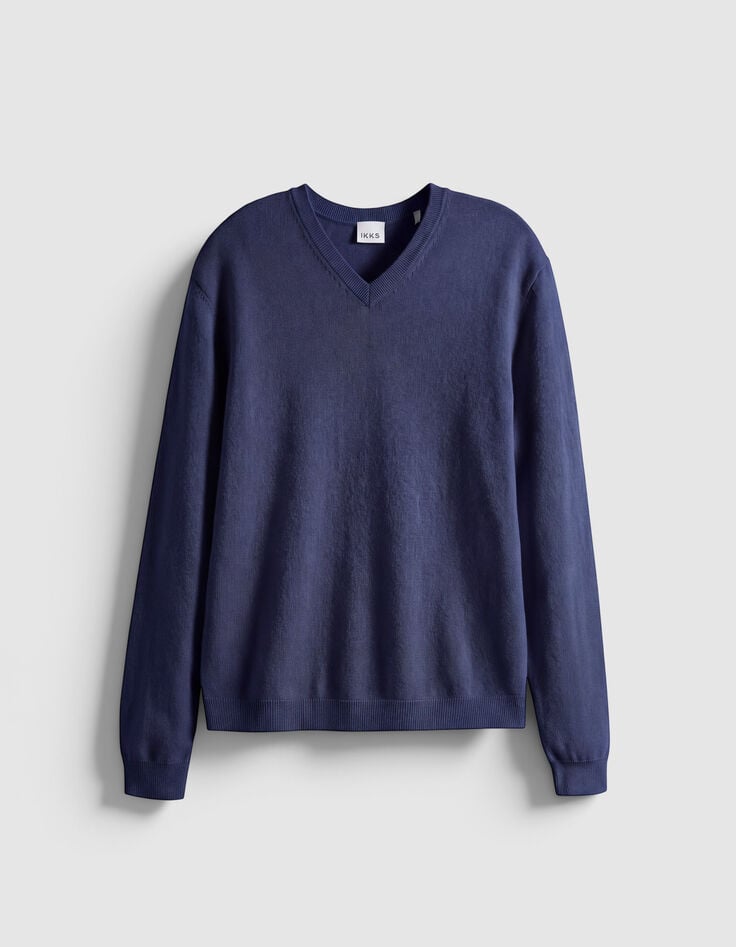 Men's Navy Blue V-Neck Sweater, 100% Wool Knit IKKS