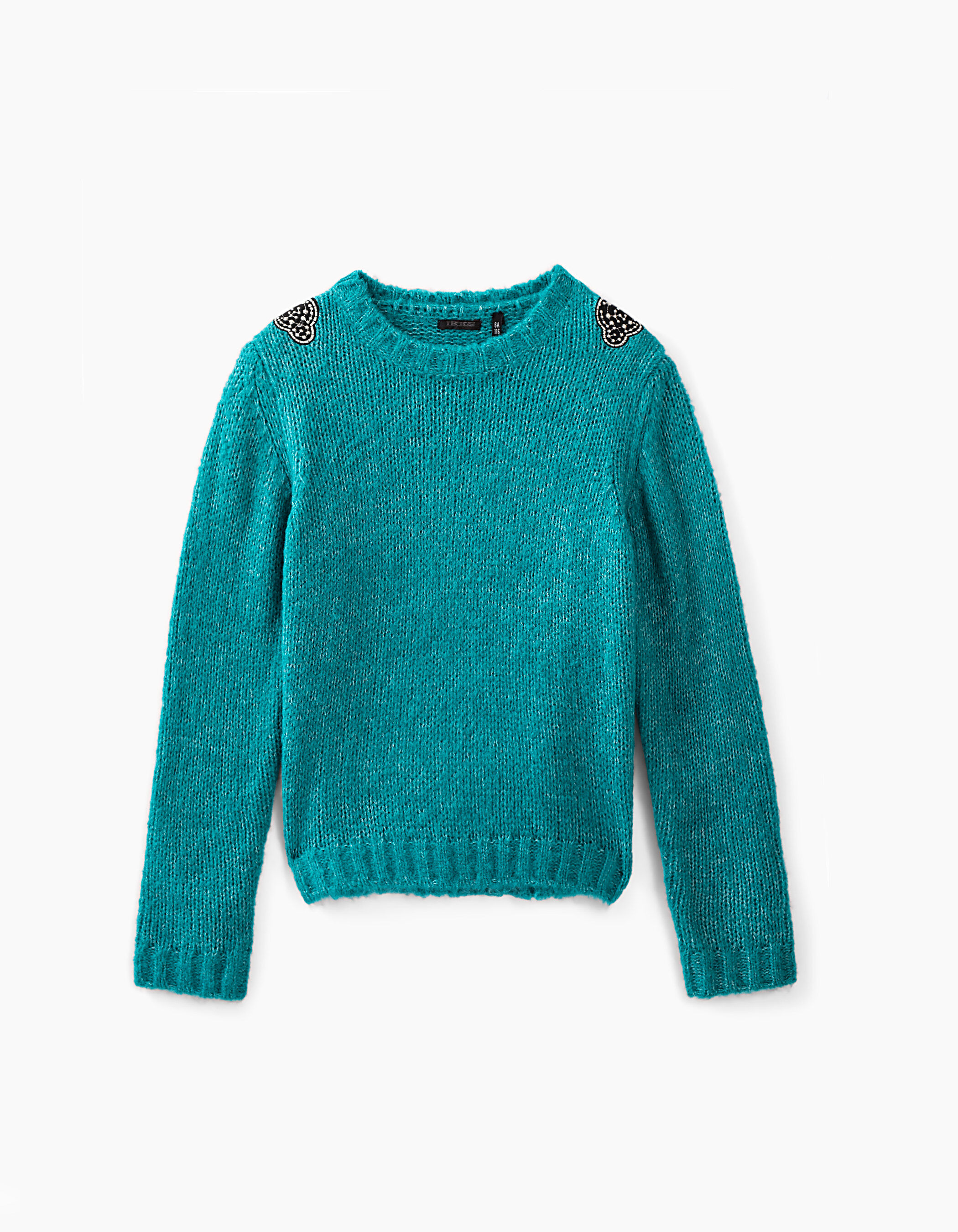Girls teal blue embroidered shoulder patch knit sweater IKKS