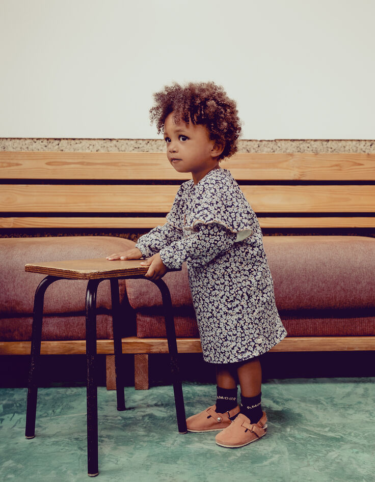 Blaues Kleid Bio-Baumwolle lila Blumenmuster für Mädchen-3