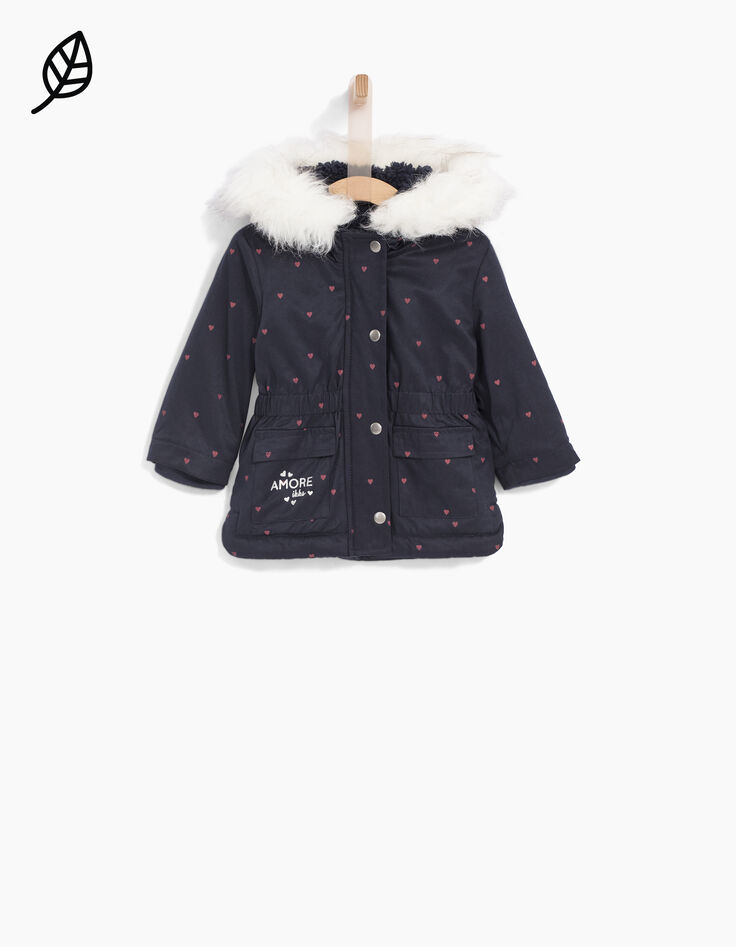 Parka marine fourrée à imprimé cœurs bébé fille-1 Parka marine fourrée à imprimé cœurs bébé fille-1